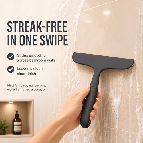 Image of Shower Squeegee for Glass Doors, No-Drill Hanging Shower Door Cleaner for Glass,Silicone Bathroom Squeegee with Built-in Hook, Window, Mirror, Tile, Streak-Free Wiper, Black