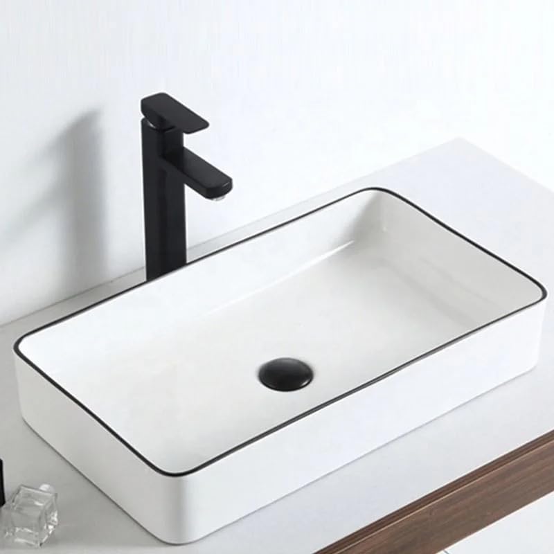 Nexa Bathware Ceramic Wash Basin | Luxurious Wash basin Table Top Bathroom Sink Wash Basin white with black line Colour With Glossy Finishing (24 x 14 x 5 INCH) Nk515