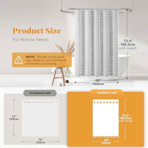 Image of BTTN Gray Stall Shower Curtain - 60 x 72 Inch Narrow Boho Farmhouse Linen Vintage Fabric Shower Curtain Set with 10 Hooks, Bohemian Country Decorative Heavy Duty Shower Curtains for Bathroom - Grey