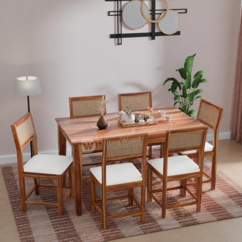 Image of DRIFTINGWOOD Amber Solid Sheesham Wood 6 Seater Dining Table Set with Rattan Back Chairs | White Rexine Upholstered Seating for Home & Dining Room (Natural Finish, DIY)