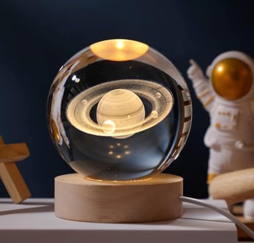 Image of STARKENDY3D Saturn Crystal Ball LED Night Lamp, Creative Engraved Night Light Wooden Base, Warm White Decorative Table Lamp for Home, Office, Bedroom, Birthday Gift