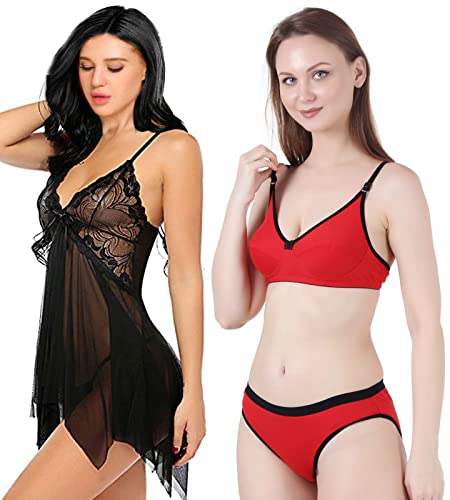 Image of Love Maker Babydoll Lingerie Bra Panty Set Undergarments for Women Honeymoon Nighties Small to 3XL