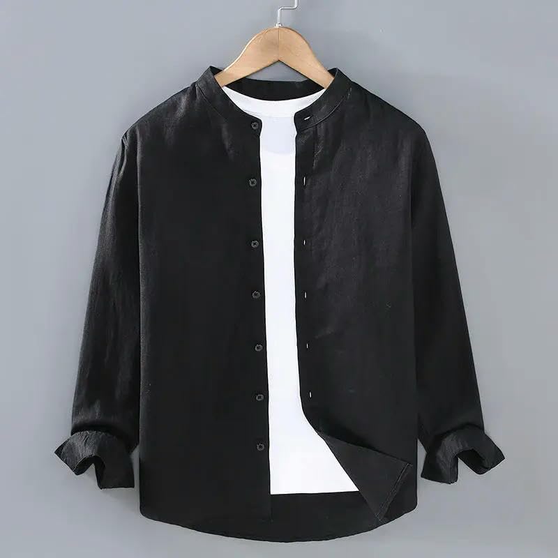 Primavera Estate Uomo Lino Maniche Lunghe Collo Alzato Allentato Versatile Camicia Alla Moda