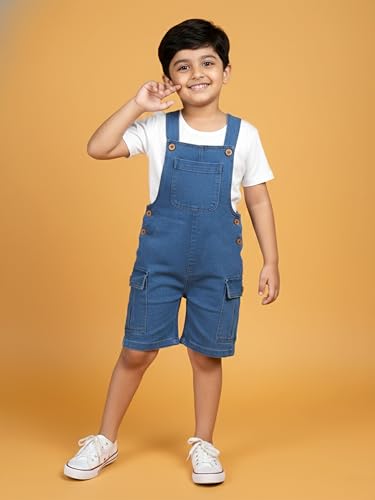 Image of KiddoPanti Unisex Denim Cargo Dungaree Shorts | 69.1% Cotton 29% Spun Poly 1.9% Spandex | Above Knee Length | Soft Breathable Summer Dungaree