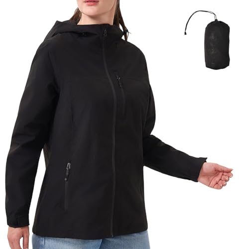 PYALT Regenjacke Damen 10000MM Wasserdicht Outdoorjacke Atmungsaktiv Übergangsjacke Leichte Jacke mit Kapuze Windbreaker zum Wandern Reisen Treking Fahrrad Black M
