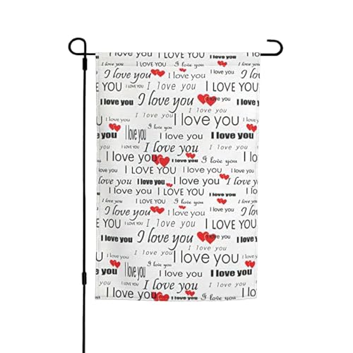 Bandera de jardín personalizada con texto en inglés "I Love You Words with Hearts" para decoración de vacaciones, 12 x 18 pulgadas