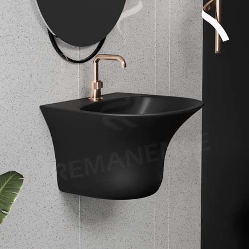 Image of REMANENCE Luxury Wall Mount Half Pedestal Wash Basin for Bathroom | Designer Wall Hung Basin | Wall Mounted Washbasin for Resturent, Hotels (16 x 16 x 11 Inch) (Matte Black)