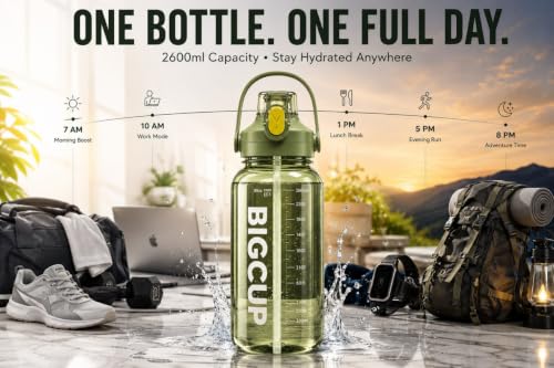 Image of Ryaco Delzon 2.6 Liter Water Bottle with Silicone Pipe, BPA-Free Leakproof Large Reusable Bottle for Office, Gym, Travel, Sports, Men & Women (Mehndi Green, 2.6)