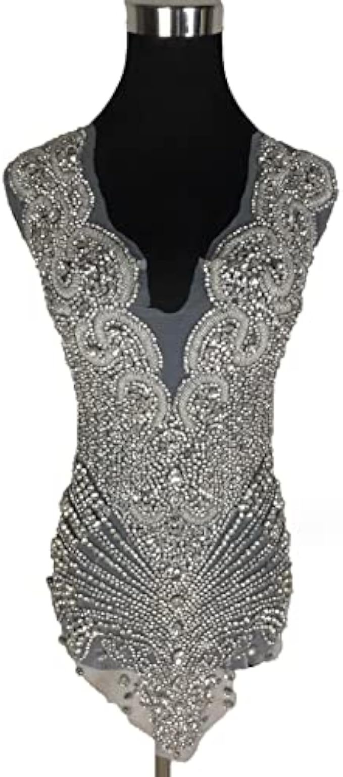 La Belleza Luxury Rhinestones Handmade Beautiful Large Bodice Applique Patch Silver Crystals for Evening wear 25.6" x 15.7" by Piece(Silver)