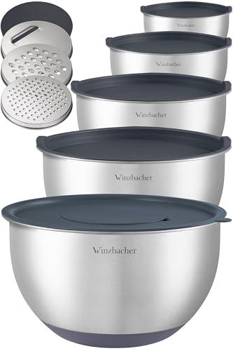 Winzbacher Edelstahl Schüssel mit Deckel [5er Set] 1l + 1.5l + 2.5l + 3.5l + 4.5l | Rührschüssel, Salatschüssel, Schüsselset, | rutschfest | stapelbar | inkl. Reibe