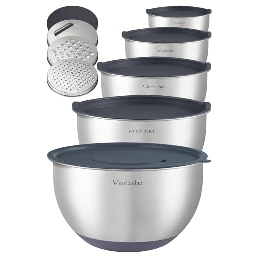 Winzbacher® Skål i rostfritt stål [uppsättning med 5] 1l 1,5 l 2,5 l + 3,5 l + 4,5 l | diskmaskinssäker | blandskål, salladsskål, skål i rostfritt stål, skål, skål, skål | stapelbar | lock (grå)