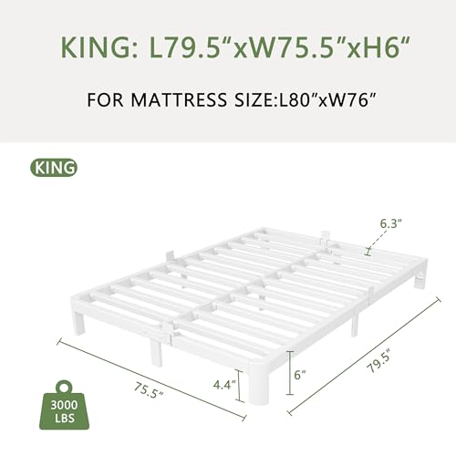 KZZLOL 6 Inch White Low Profile Bed Frame King, Low King Size Bed Frame No Box Spring Needed, Mattress Stoppers, DIY Headboard, Heavy Duty Beds Support 3000 LBS, Rounded Legs, Easy Assembly, Noiseless by KZZLOL - Image 2