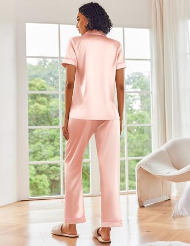 Image of Ekouaer 2 Piece Satin Short Sleeve Pajamas Set Button Down Sleepwear | Soft Pjs Set Classic Loungewear for Wedding, Party, Home, Daily Wear, Date Nights