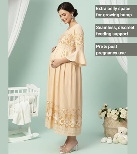 Image of DUMMY SHAPE Feeding Nighty | Maternity Dresses for Women Cotton Blend | Floral Pink Anarkali Kurta with Dual Nursing Zippers for Pregnancy & Breastfeeding | Gifts for Pregnant Women (