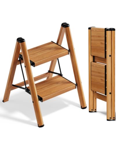 Image of SOLADDER 2 Step Ladder, Folding Step Stool with Anti-Slip Wide Sturdy Pedal, Multi-Use for Home and Kitchen Use, Space Saving-Woodgrain(300lbs Capacity)