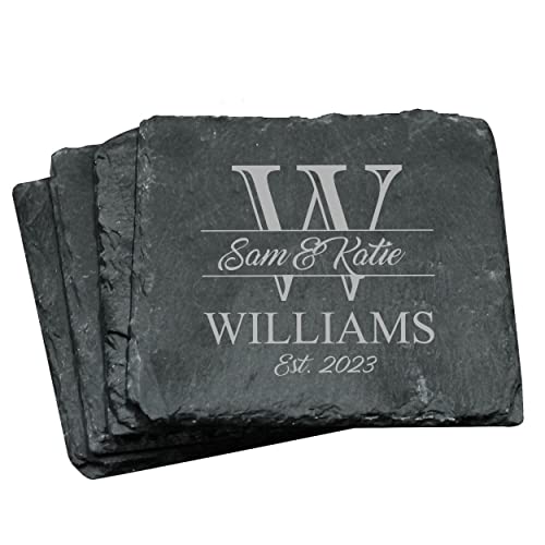 My Personal Memories Custom Engraved Slate Coasters Set of 4 - Monogrammed Coasters for Drinks, Weddings, Couples, Anniversaries - Personalized (Square)