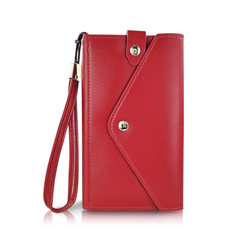 Image of FuninCrea Large Ladies Purse Wristlet Clutch with Wrist Strap for Cell Phone, Envelope-Shaped Women Wallet Cell Phone Purse Faux Leather Wristlet Bag with Card Slots and Zipper Pocket (Red)