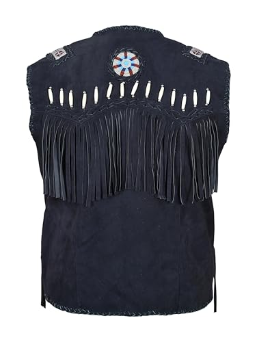 Image of Men's Western Cowhide Suede & Leather Vest - Beaded Fringe Yoke & Back Native-Inspired Cowboy Biker Vest