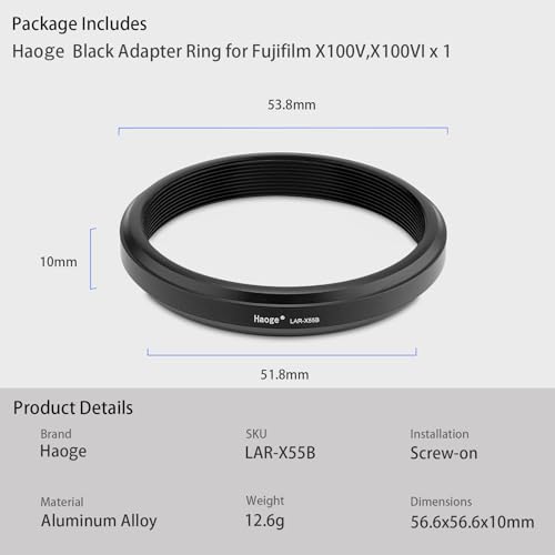 Haoge 49 mm Filteradapterring für Fujinon X100VI X100V Kamera-Zubehör, passend für 49 mm UV-CPL ND-Filter, passend für Original-Objektivdeckel, schwarz, LAR-X55B