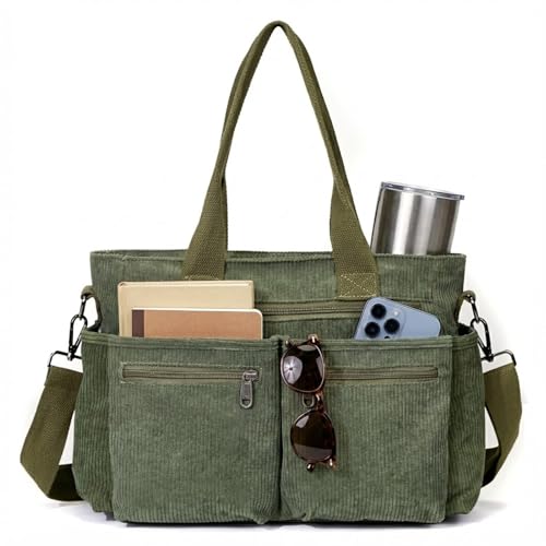 YDF Tote Bag for Women, Corduroy Crossbody Purse, Travel Shoulder Bag, Work Handbag, Everyday Hobo Tote Bag for School (Olive Green)