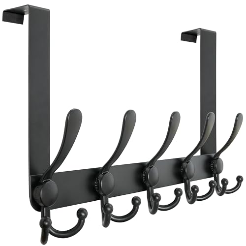 Dseap Over Door Hook 2.0 - Upgraded Version - Simple-Assembly, Strong, Heavy-Duty Stainless Steel 5-Tri-Hook Over The Door Hanger Rack, SimpleStrong Series, Black