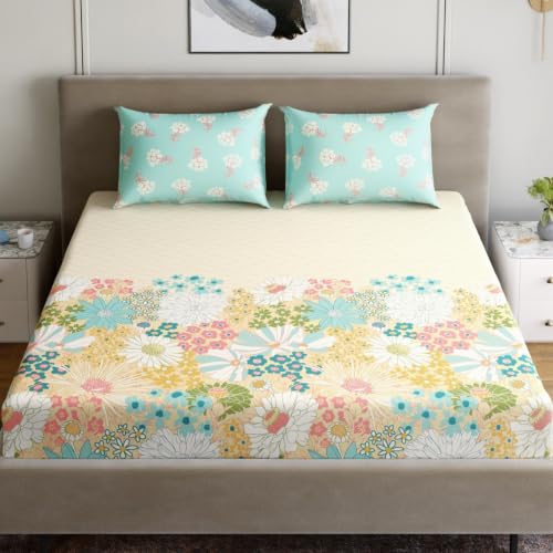 Image of Home Ecstasy 100% Cotton King Fitted Bedsheet with 2 Pillow Covers - (Size 72 x 78 inches, 140 TC, Colour - Mint)