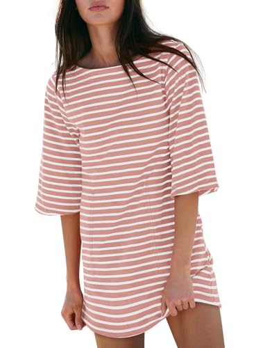 Image of Yousify Women's T Shirt Dress Cotton Summer Dresses 2026 Casual Loose Short Sleeve Striped Mini Dress with Pockets