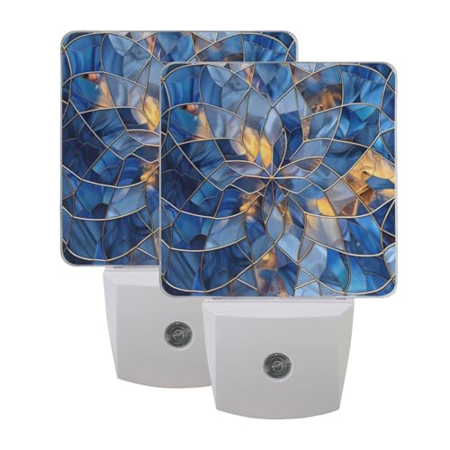 Image of Stained Glass Blue Pattern Night Lights 2 Pack Plug-in Wall Led Nightlight Auto Dusk-to-Dawn Sensor Lamps for Bedroom Kitchen Bathroom