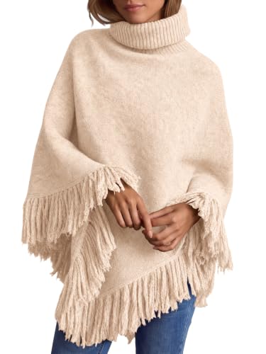 Saodimallsu Womens Fringe Turtleneck Poncho Sweater Wraps Cape Shawl Tops