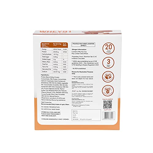 Image of WHEY91 Peanut Butter Protein Bar | 20G Protein & 3G Fibre Per Bar | Immunity Booster Lactoferrin | No Added Preservatives |No Added Sugar |(Pack Of 6 Bars), 390 Gram