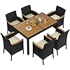 Yaheetech 7 Piece Patio Furniture Set, Outdoor Dining Acacia Wood Table Top Rattan Conversation Set with Soft Cushions, 6 Chairs & 1 Table for Backyard, Deck, Garden & Yard, Black/Beige