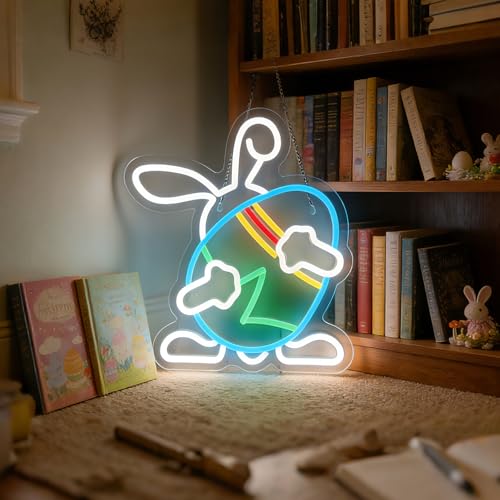 Image of Bunny Neon Sign with Egg, LED Rabbit Night Light for Kids Bedroom, Cute Animal Wall Decor for Baby Nursery, Dimmable USB Powered Neon Wall Light for Toddler Room, Cozy Room Aesthetic Gift for Girls Boys 13*13.7in