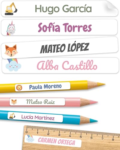 75 Etiquetas adhesivas personalizadas objetos para colegio y guardería - pegatinas personalizadas, etiquetas nombre material escolar - aptas para lavavajillas - Blanco