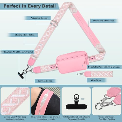 Image of YFWE Clip and Go Strap for Phone with Wallet Crossbody, Adjustable Phone Lanyard with Detachable RFID Wristlet Wallet, Pattern Strap - Pink(L)