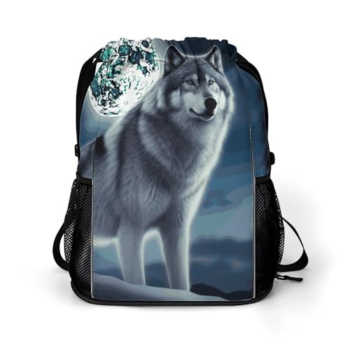 Drawstring Gym Backpack with Shoe Compartment And Wet Pocket, 28L Lightweight Waterproof Wolf Under Moon Sports Backpack for Workout Swim Beach Travel String Bag for Men Women