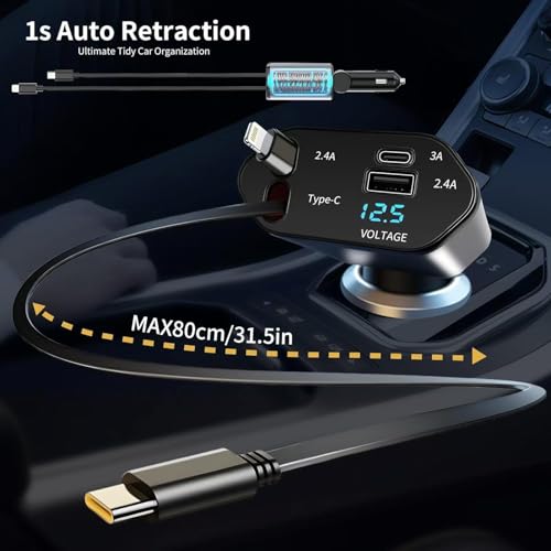 Image of 120W Fast Car Charger with Retractable Type-C Cable (80cm), 4-in-1 PD QC Car Adapter, Dual USB & Type-C Ports, 180 Rotatable with LED Voltage Display for All Smartphones & Tablets