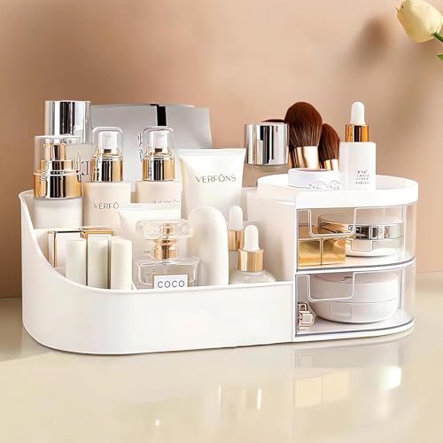 Image of zuku MakeUp Organizer Stand Desk Storage Dressing Table Organiser Cosmetic Organizer Box Skin Care Table Bathroom Organiser Makeup Storage Box Makeup Vanity with Transparent Drawer(White)