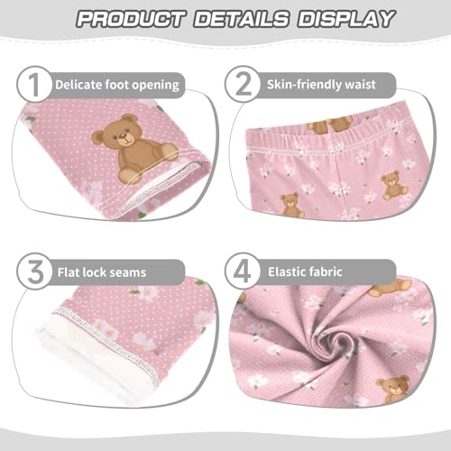 Cute Pink Bear Flower Girls Leggings Ultra Soft Compression Yoga Gym Pants for Kids 4-10T3