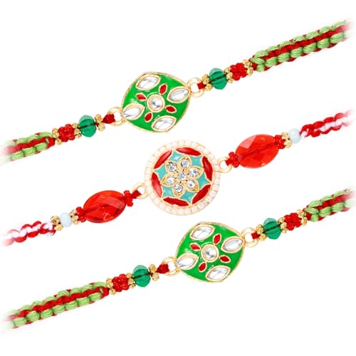 Image of Peora Rakhshabandhan Thread Rakhi for Brother Bhaiya | Crystals & Kundan Studded | Combo, Set of 3 | Rakhi Hamper with Roli Chawal & Greeting Card