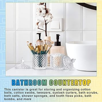 SWWITCART 2 Pack Qtip Holder Cotton Round Ball Holder Set, Apothecary Jars Glass Bathroom Storage jars with Lids for Bathroom Decor, Qtip Dispenser for Cotton Swab,Cutip,Cotton Pad 4