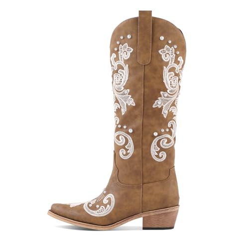 Image of Lace Up Cowboy Boots for Women Embroidered Wide Calf Cowgirl Boots Comfortable Chunky Heel Pointed Toe Trendy Western Shoes for Prom Music Festival