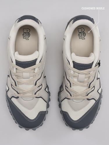 Image of The Souled Store Velocity 2.0: Orbit Men and Boys Low Top Sneakers Off White and Dark Grey Streetwear Fashion Breathable Mesh Upper Thick Midsole Textured Rubber Outsole Lace Up Closure Lightweight