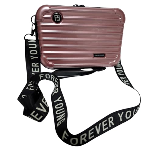 スーツケース型 大きめ ショルダーバッグ マルチケース キャリーポーチ シェルケース 大容量 軽量 ハードケース 小物入れ (ピンクゴールド)