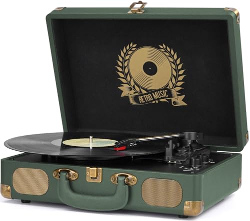 Image of Vinyl Record Player Bluetooth Turntable 3-Speed Suitcase Portable Vintage Belt-Driven Record Player with Built-in Speakers RCA Line Out AUX in Headphone Jack Military Green
