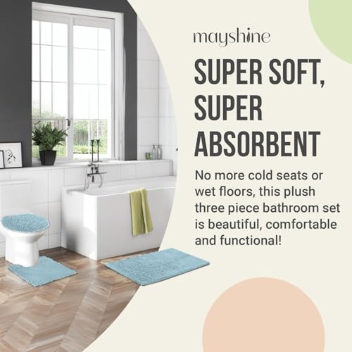 Image of Standard 3pc Set Chenille Bath Mats, Includes 21 inchx24 inch U-Shaped Contour Toilet Rug, 21 inchx34 inch Inches Bathmat and 1 Toilet Lid Cover, Plush Absorbent Bath Mats Quick Dry, Spa Blue