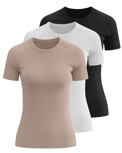 Ficerd 3 Pack Cotton Ribbed Fitted T-Shirts for Women, Tight Basic Tees Short Sleeve Crewneck Slim Tops Casual Summer Shirts2