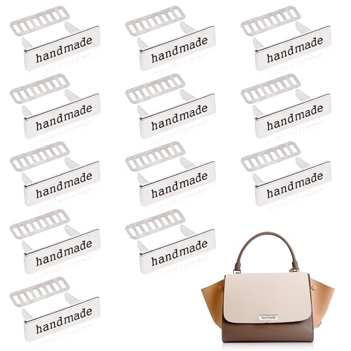 TXIN 12 Pieces Handmade Metal Labels with Shim Rectangle Alloy Tags Hand Made Printed Signs Label for DIY Crafts Sewing Items Purses Bags Shoes