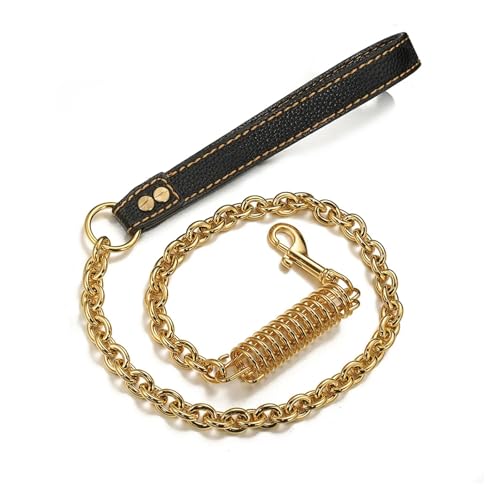 ゴールドステンレススチール製犬用牽引ロープ、緩衝スプリング付き、防爆ペットチェーンリーシュ、大型犬、ピットブル、ドーベルマン、ブリーに対応(Gold)