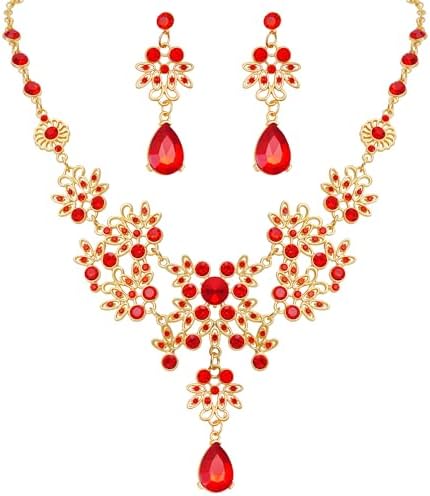 Dxhycc Silver Red Alloy Rhinestone Earrings Crystal Pendant Necklace Bridal Jewelry Set (Red)