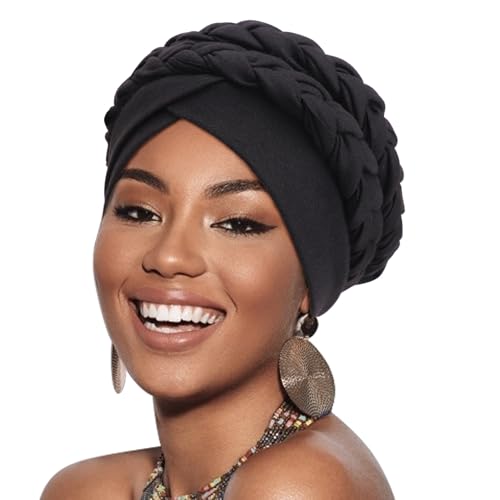Image of DRESHOW African Women Turban Caps Cotton Beanie Twist Headscarf Pre-Tied Double Twisted Braids Wrap Hat Chemo Cancer Cap